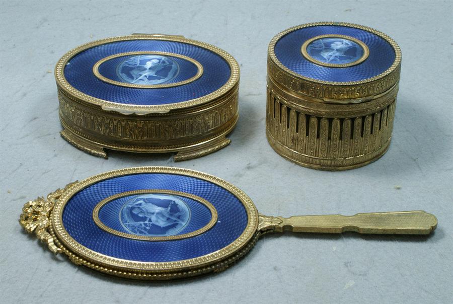 Appraisal: pc silvered brass dresser set with guilloche enameled tops each