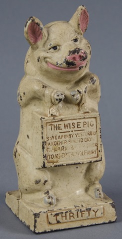 Appraisal: Wise Pig Cast Iron BankStanding pig holding sign reading The