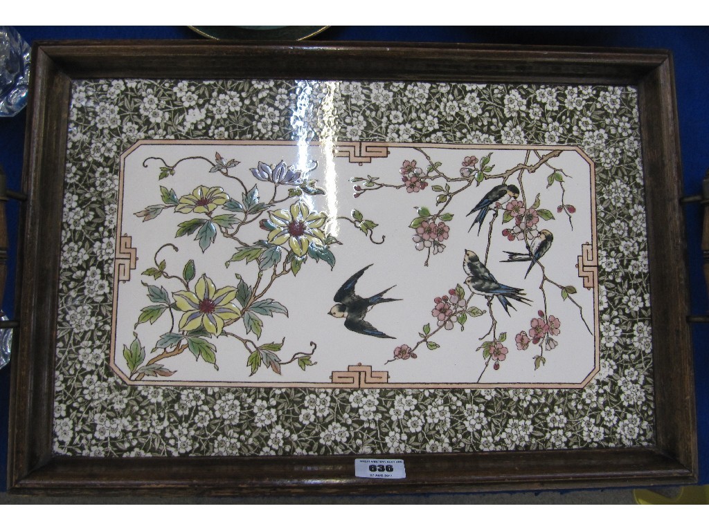 Appraisal: Victorian ceramic tray depicting swallows on flowering branches in wooden