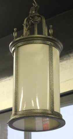 Appraisal: Embossed Tin Frosted Glass Hurricane ChandelierFrom a Manhattan lighting business