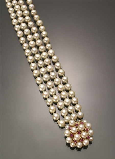 Appraisal: -Karat Yellow-Gold Cultured Pearl and Ruby Bracelet Knotted Having four