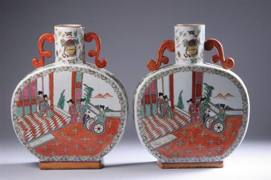 Appraisal: PAIR CHINESE FAMILLE ROSE PORCELAIN MOON FLASKS Qianlong four-character iron