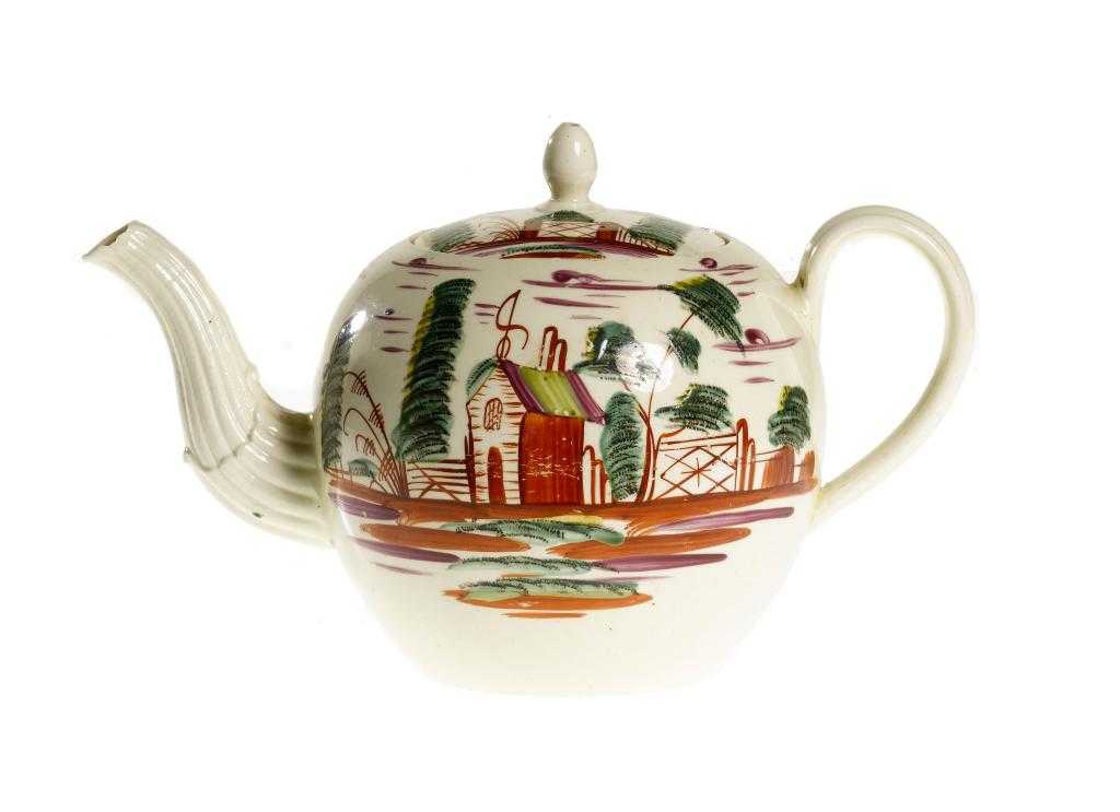 Appraisal: A CREAMWARE GLOBULAR TEAPOT AND COVER STAFFORDSHIRE OR YORKSHIRE sketchily