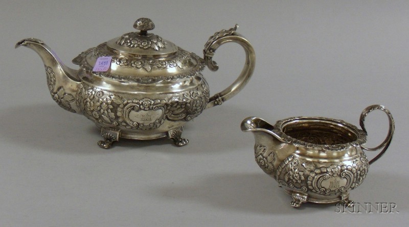 Appraisal: George IV Silver Teapot and Creamer Dublin Jas LeBass maker