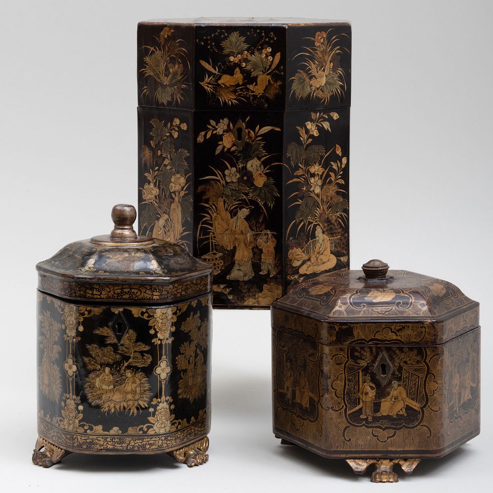 Appraisal: Group of Three Chinese Export Lacquer Tea Caddies One with