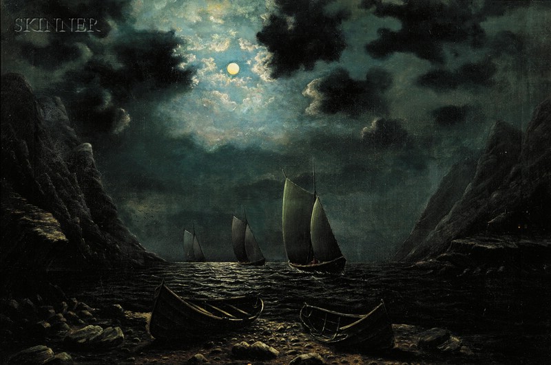 Appraisal: Continental School th Century Moonlit Coastal View Unsigned Oil on