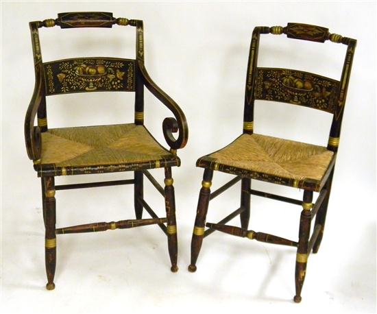 Appraisal: Sheraton fancy matching rolled arm and side chair fruit stencil