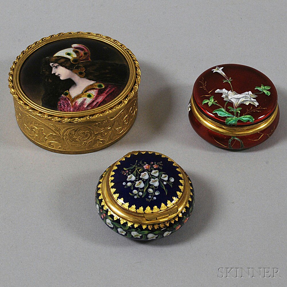 Appraisal: Three European Gilt-metal and Enameled Covered Boxes th century two