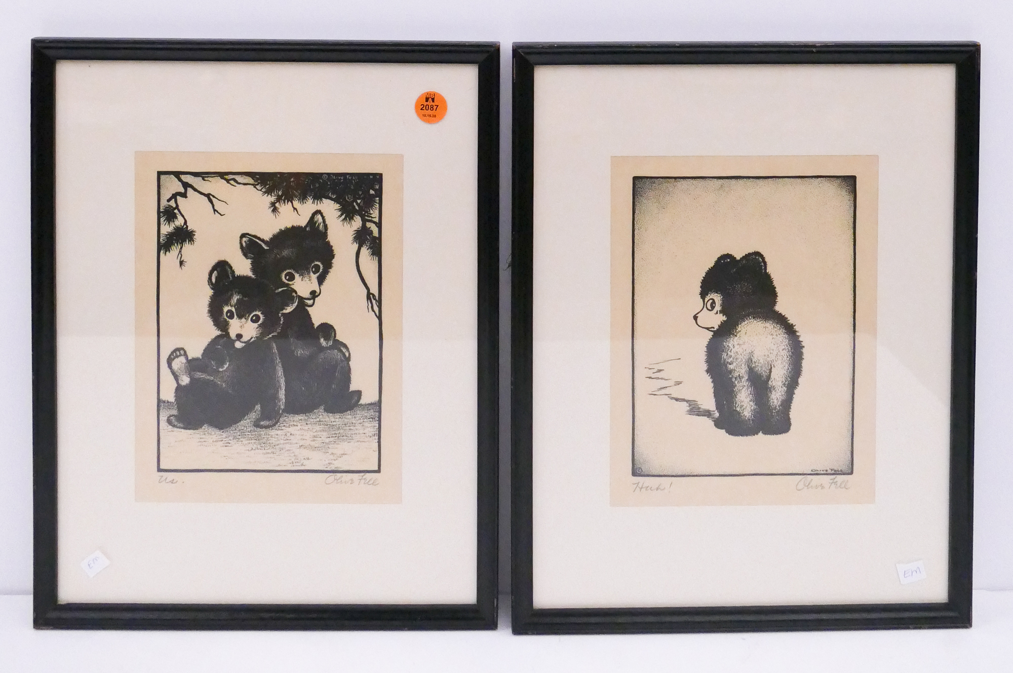 Appraisal: pc Olive Fell Bear Cubs Linocut Prints Framed- x ''