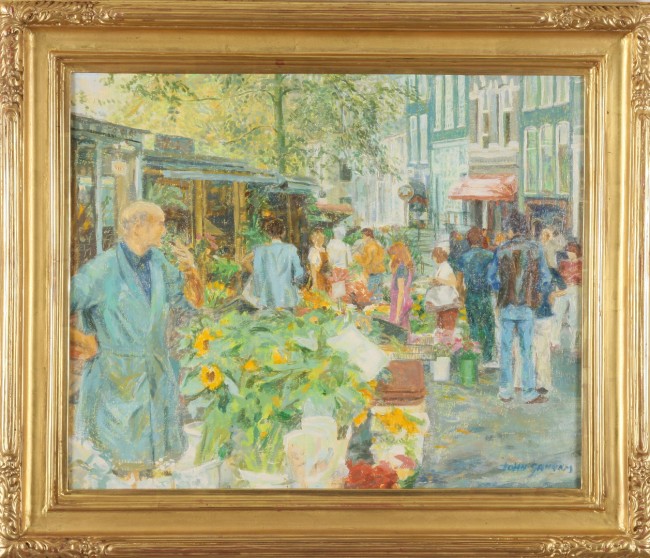 Appraisal: Flower market oil on canvas x SLR Artist American th