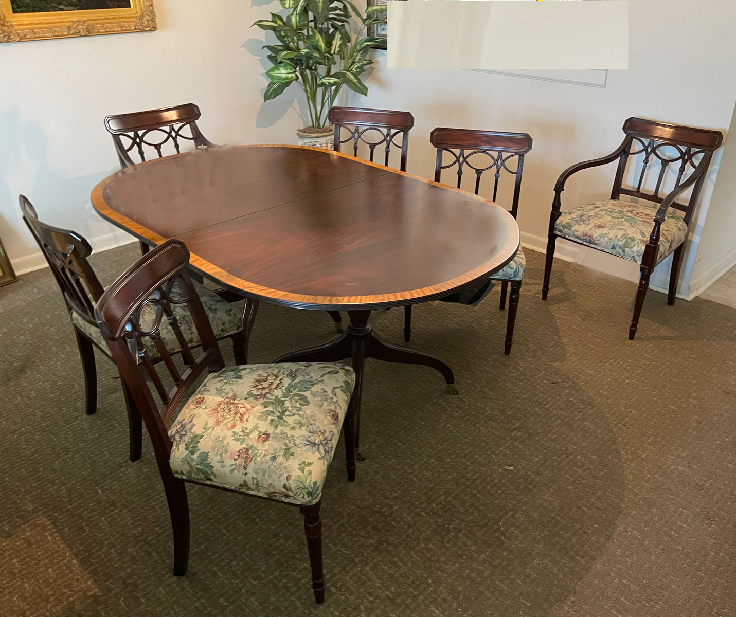 Appraisal: PC DINING TABLE CHAIRS Banded dining table raised on columns