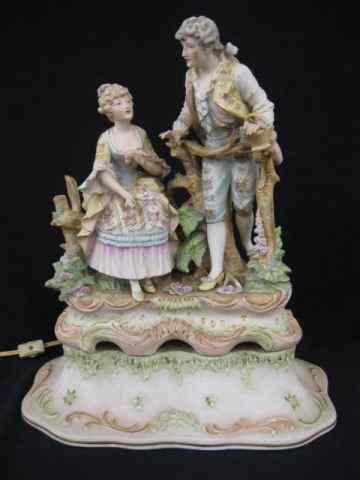 Appraisal: Figural Bisque Porcelain Lamp courting couple fine applied flowers ''