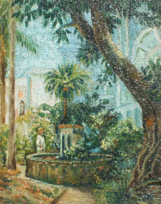 Appraisal: TROPICAL COURTYARD WITH FIGURE OIL ON BOARD Illegible monogram measures