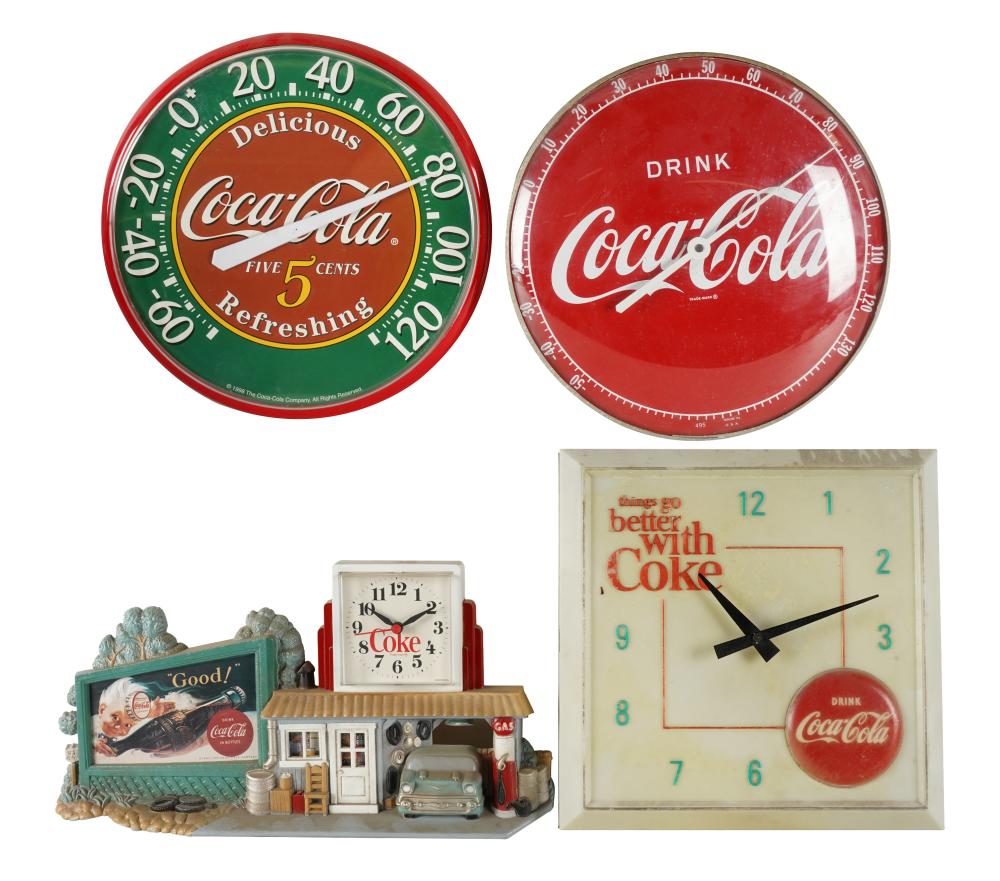 Appraisal: FOUR COCA-COLA WALL CLOCKSComprising two modern plastic wall clocks and