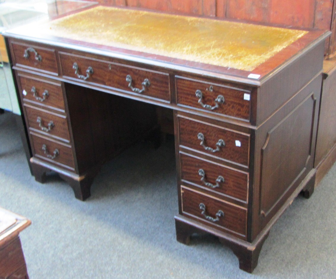 Appraisal: An th century style mahogany nine drawer pedestal desk on