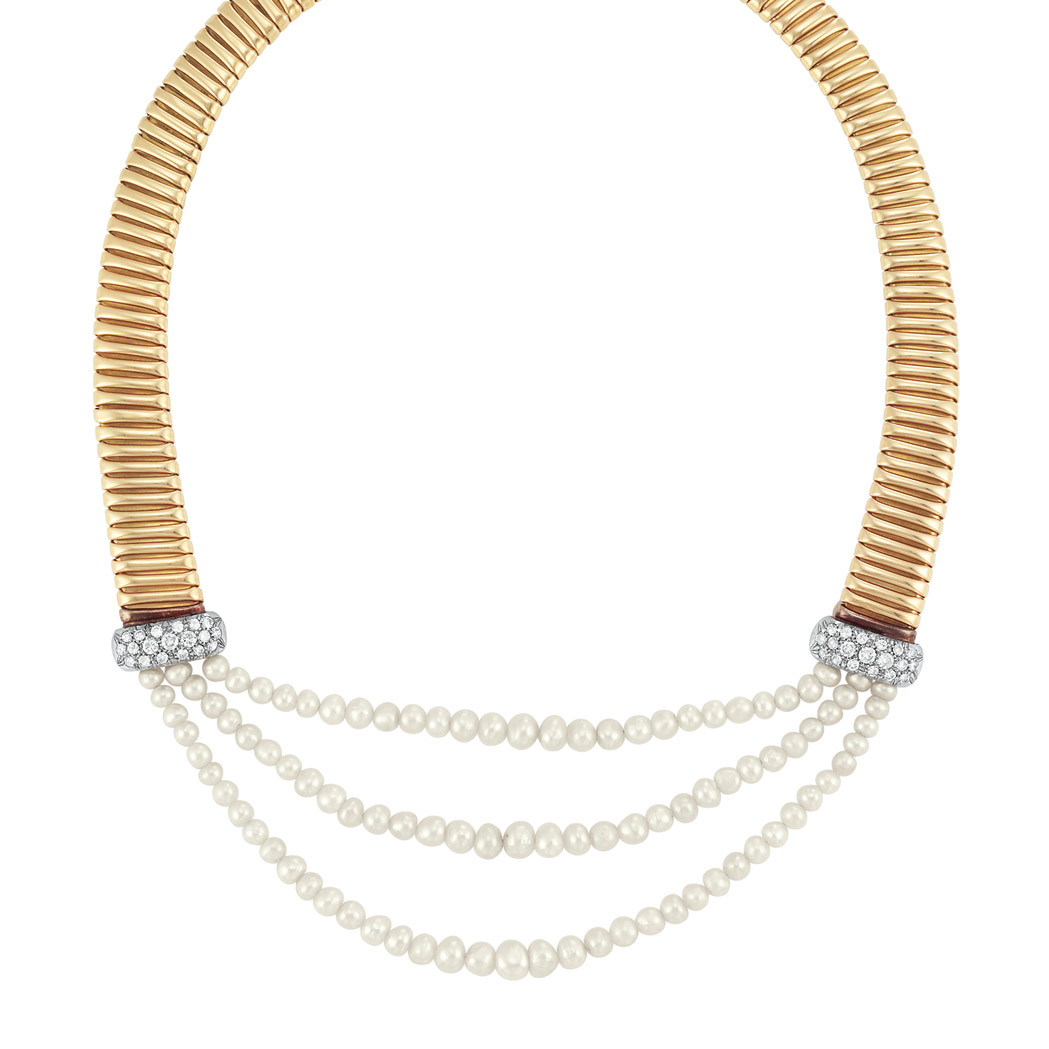 Appraisal: Gold Platinum Pearl and Diamond Snake Chain Necklace kt the