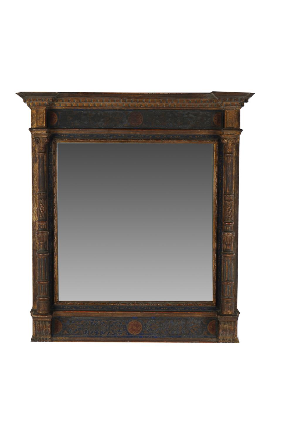 Appraisal: ITALIAN POLYCHROME-PAINTED CARVED WOOD MIRRORthe mirror plate flanked by freestanding