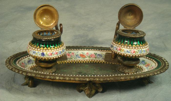 Appraisal: Oval enameled French inkstand brass mounts some enamel loss where