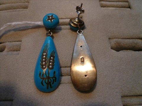 Appraisal: VICTORIAN TURQUOISE ENAMEL EARRINGS Turquoise enamel inlaid with smal pearls