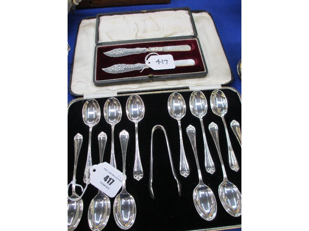 Appraisal: Lot comprising cased set of twelve silver spoons and tongs