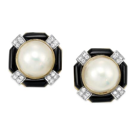 Appraisal: Pair of Gold Mabe Pearl Black Onyx and Diamond Earclips