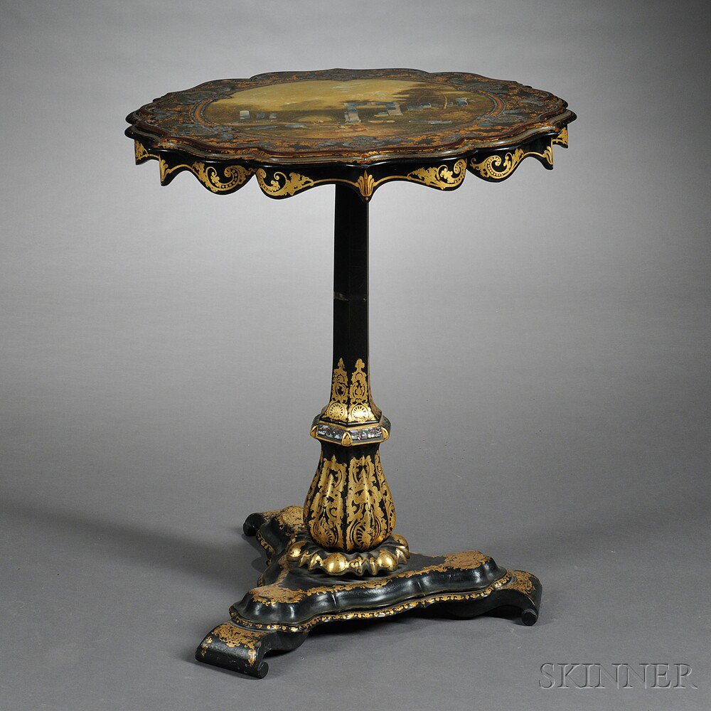 Appraisal: Victorian Mother-of-pearl-inlaid and Parcel-gilt Papier-mache Tilt-top Table late th century