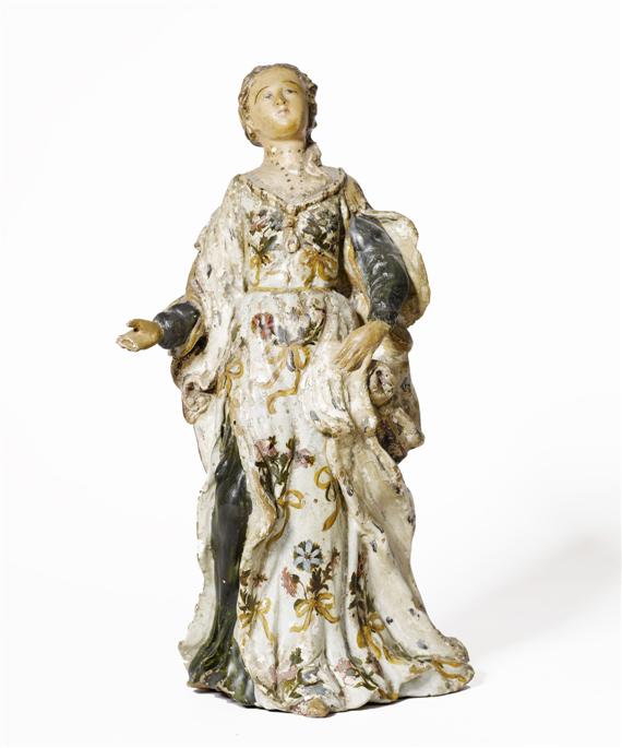 Appraisal: STATUETTE OF A SAINT Spain or Sicily circa White-glazed terracotta