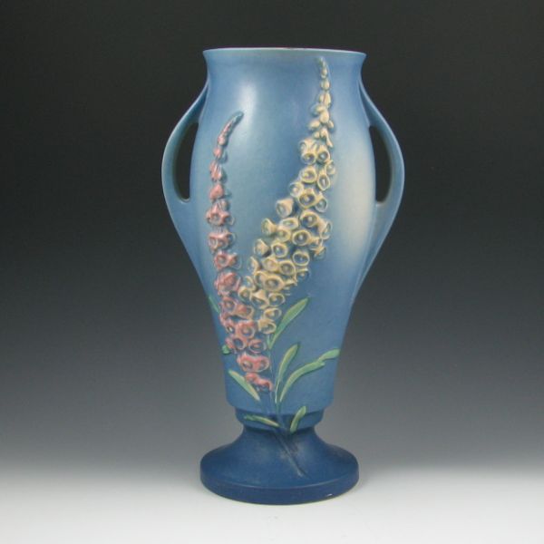 Appraisal: Roseville Foxglove handled vase in blue Marked Roseville USA -