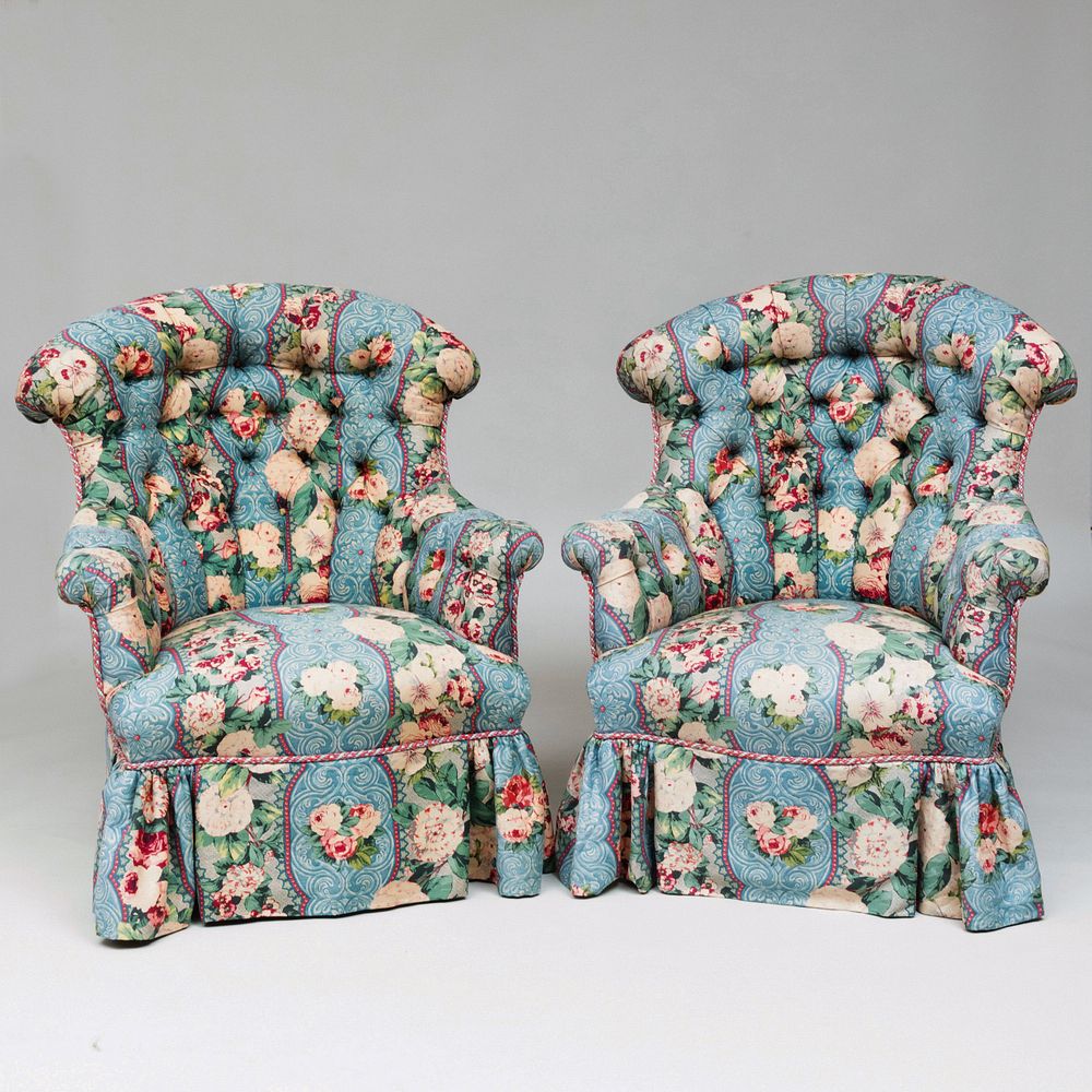 Appraisal: Pair of Floral Linen Tufted Upholstered Club Chairs Raised on