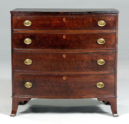 Appraisal: Federal bow-front chest highly figured walnut veneers poplar and white