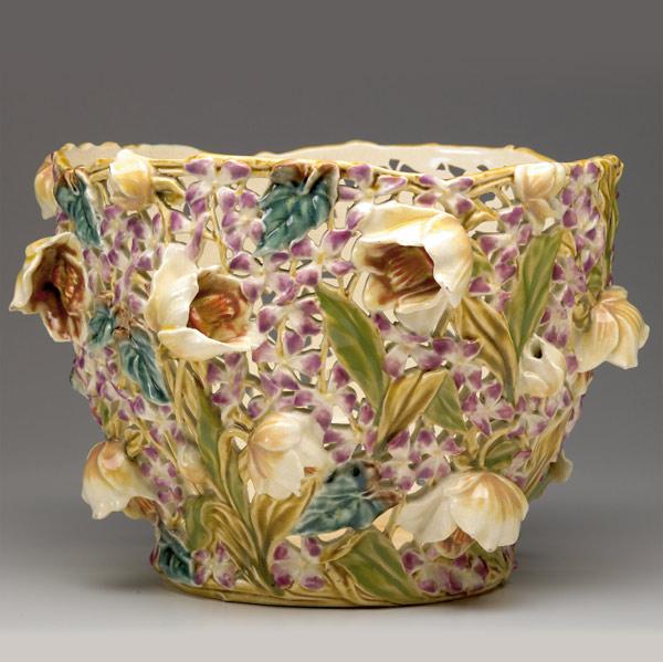 Appraisal: ZSOLNAY Faience jardiniere elaborately decorated with violets and tulips in