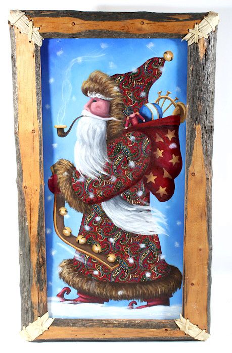 Appraisal: Signed Santa Claus Painting with Rustic Frame For your consideration