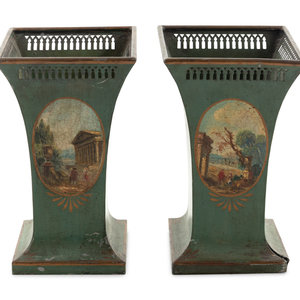 Appraisal: A Pair of French Hand-Painted T le Cache Pots Early