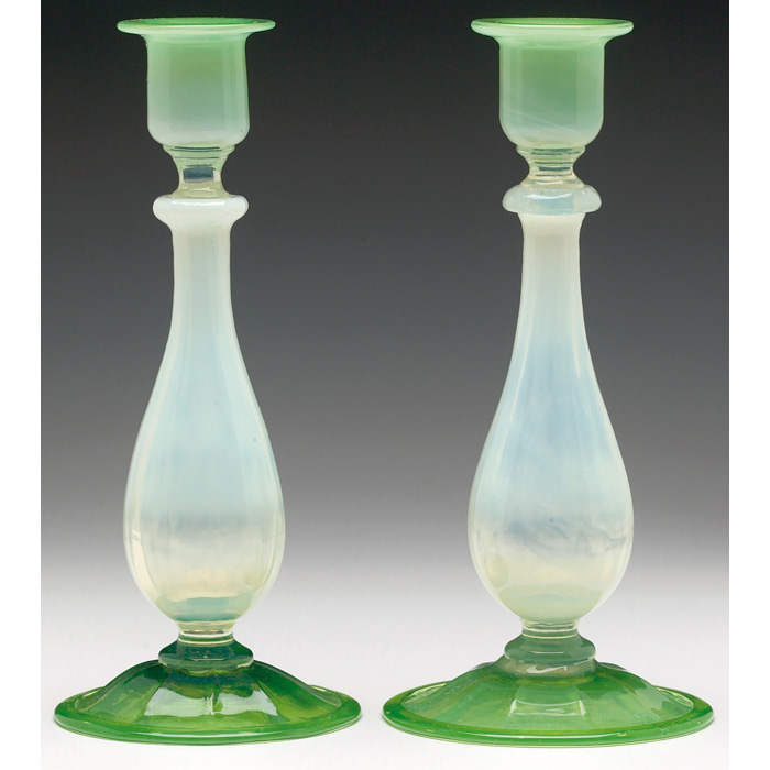 Appraisal: Dorflinger candlesticks pair white opalescent ribbed stem and green glass