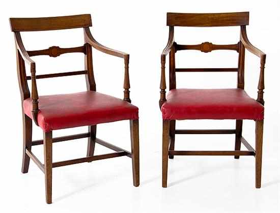 Appraisal: Pair Regency style inlaid mahogany armchairs late th century shaped