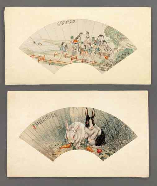 Appraisal: Chinese watercolor painted fans including by Jin Meisheng Chinese -