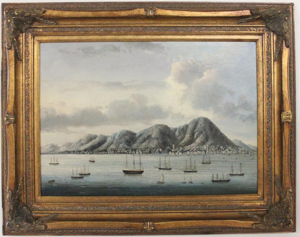 Appraisal: HARBOR SCENE OIL ON CANVAS Chinese export sailboats with a