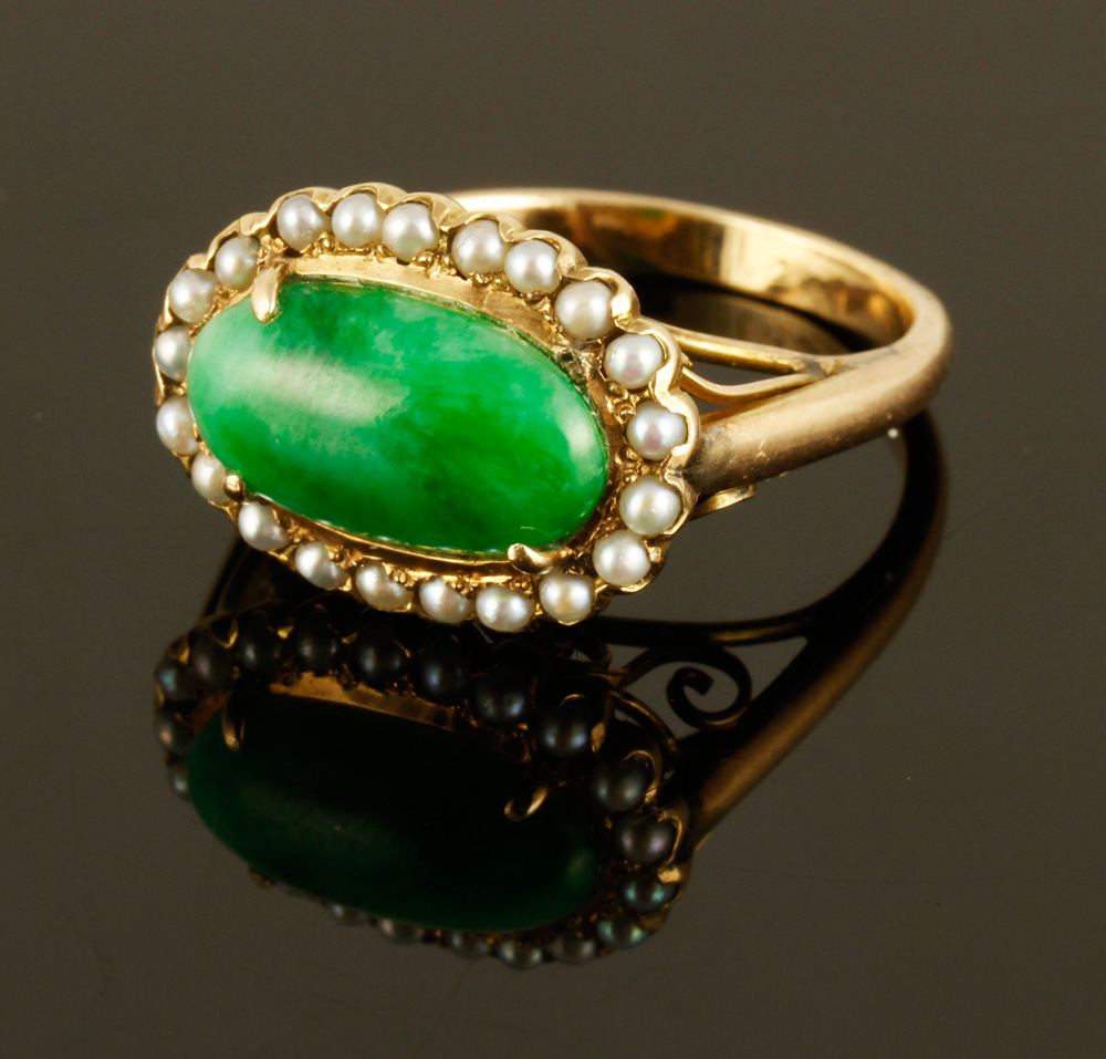 Appraisal: - K Seed Pearl and Cabochon Jade Ring K yellow