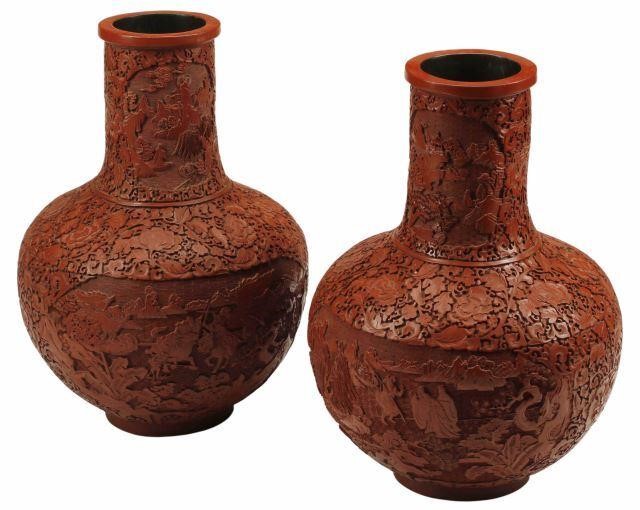 Appraisal: pair Large Chinese cinnabar vases honorific Qianlong six-character mark underfoot