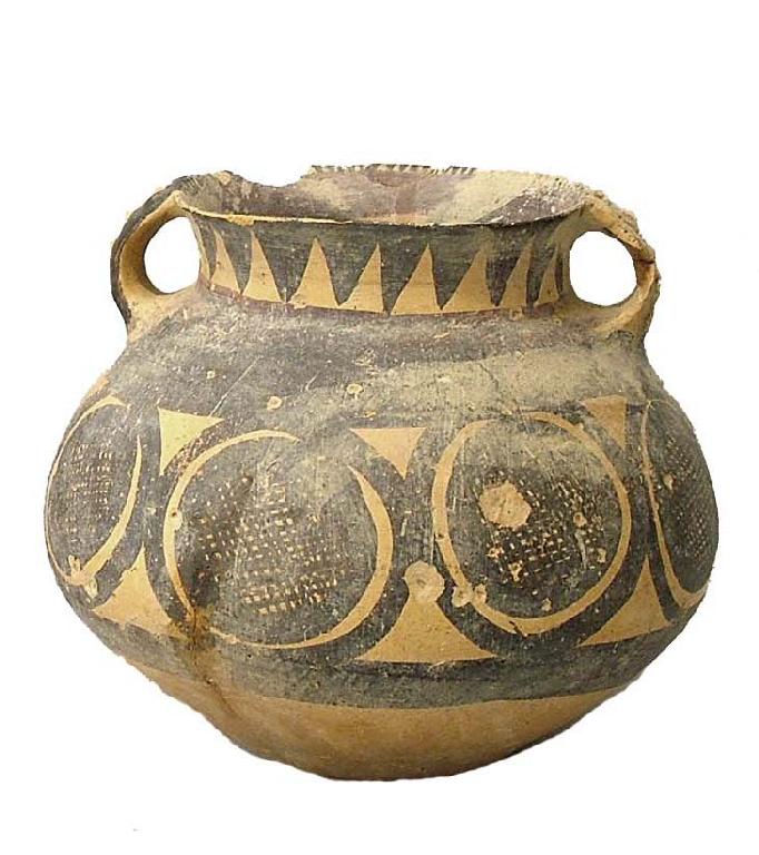 Appraisal: Chinese Neolithic two handled earthenware ovoid jar painted with circular