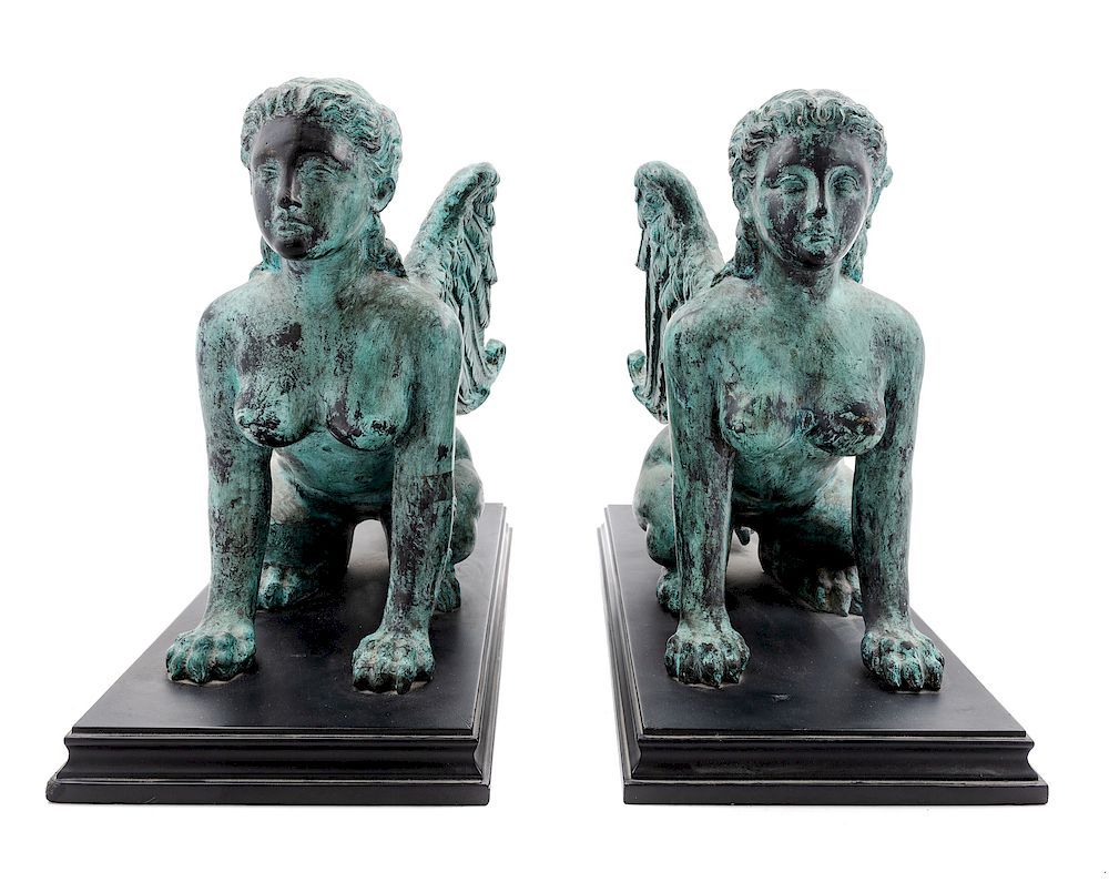 Appraisal: A Pair of Patinated Metal Models of Sphinxes A Pair