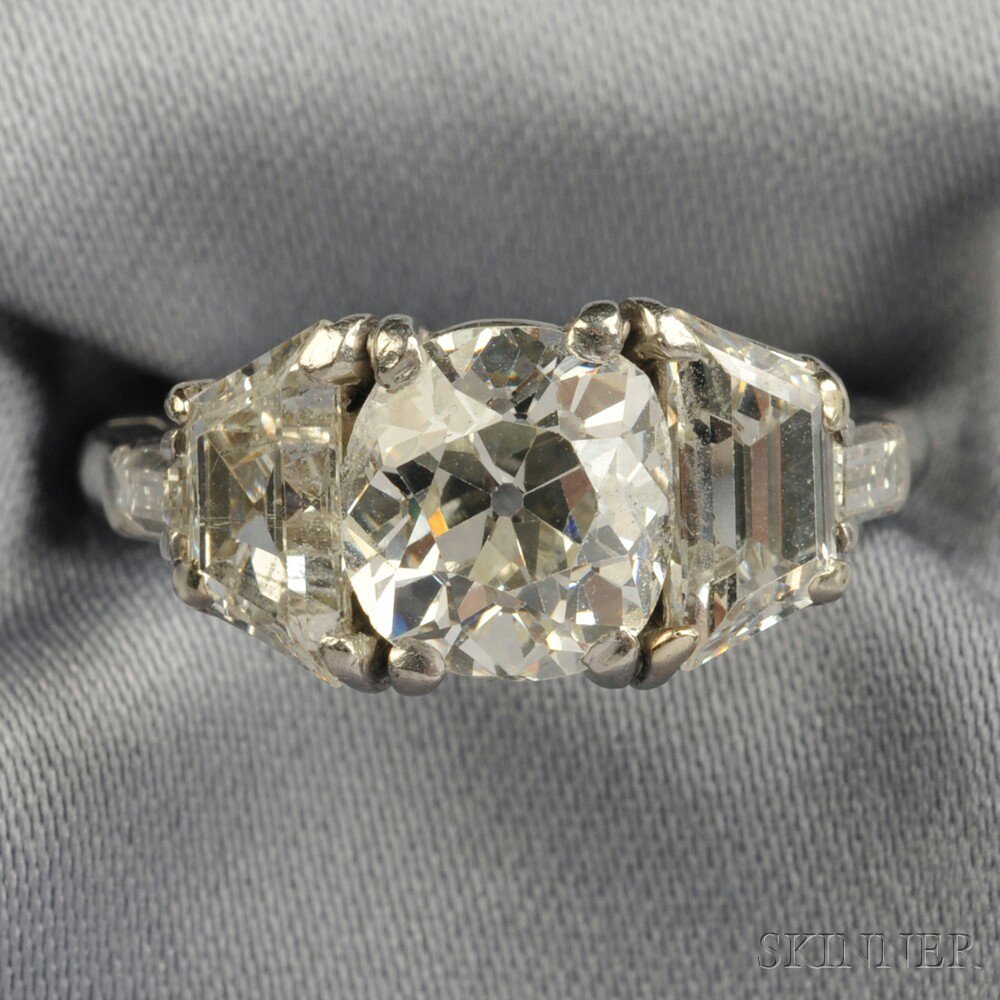 Appraisal: Platinum and Diamond Solitaire prong-set with an old mine cushion-cut