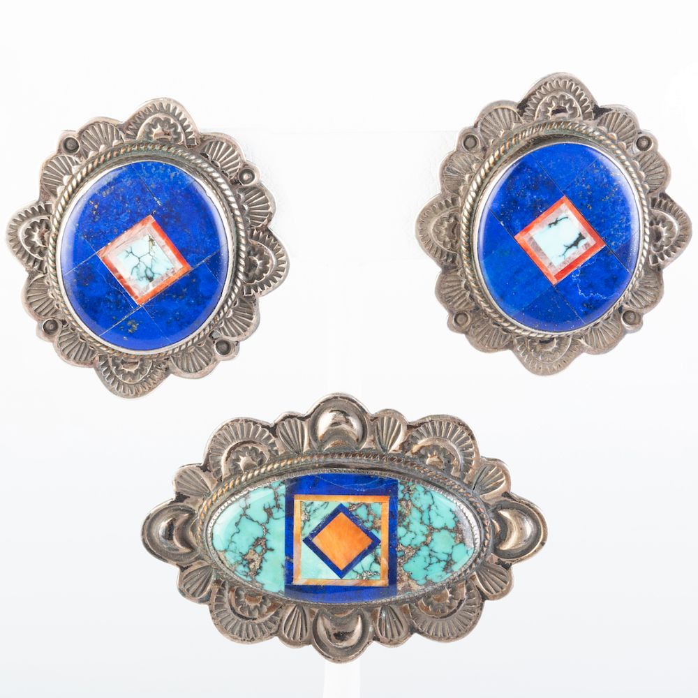 Appraisal: Pair of Aldrich Sterling Lapis Coral and Turquoise Earrings Signed