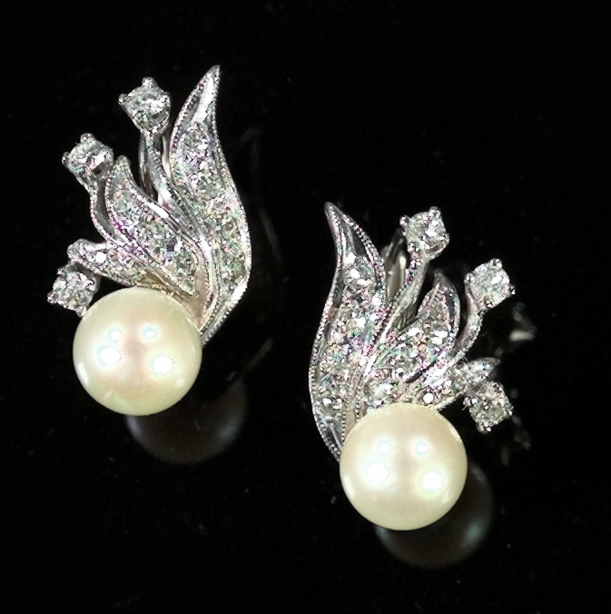 Appraisal: Pair of Fourteen-Karat White Gold Cultured Pearl and Diamond Earrings