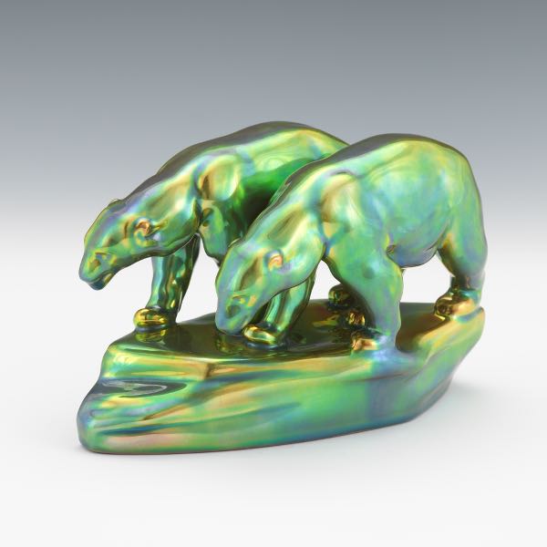 Appraisal: ZSOLNAY HUNGARY IRIDESCENT POLAR BEAR CABINET SCULPTURE x x Eepicting