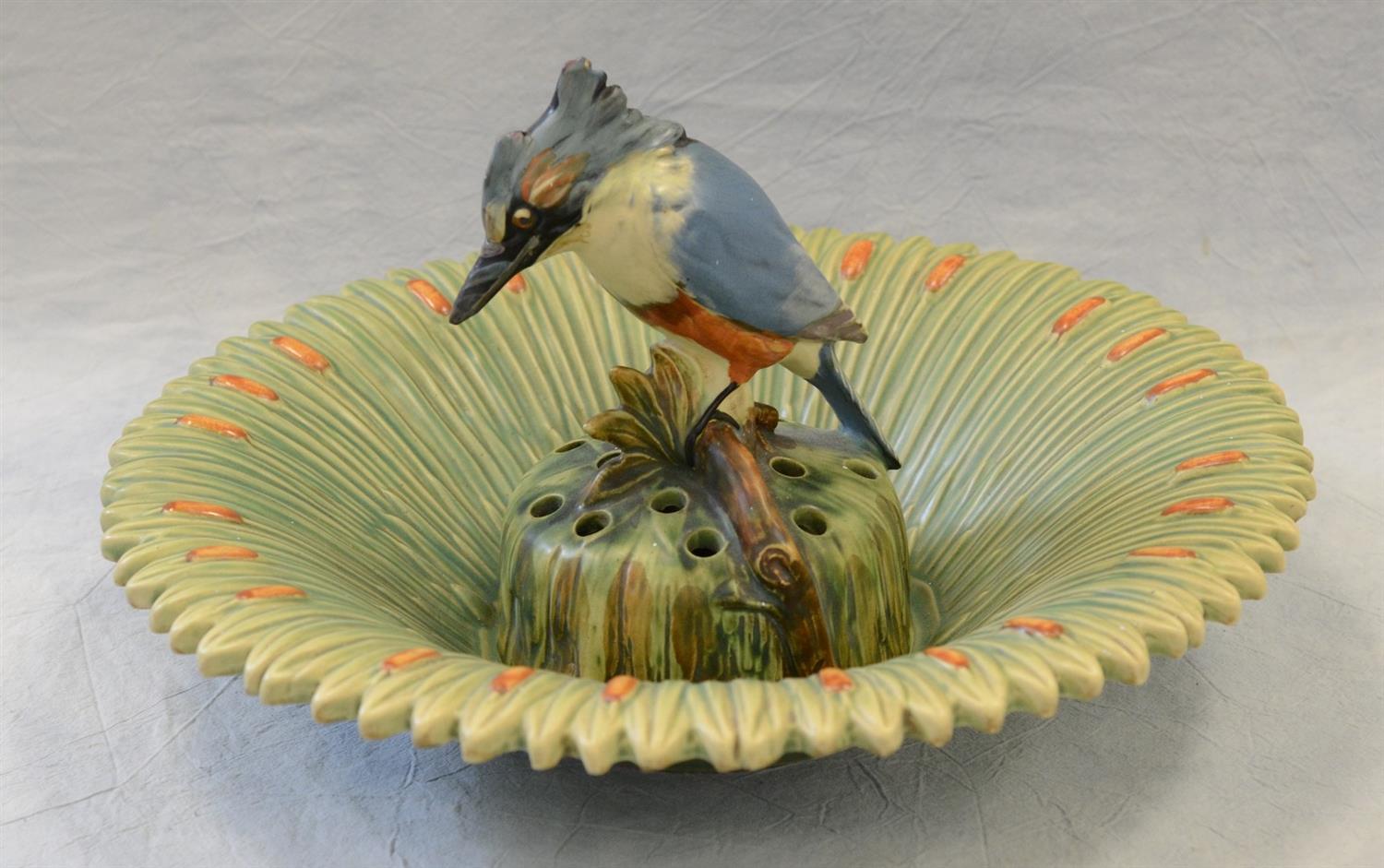 Appraisal: Weller Ardsley cattail center bowl with kingfisher flower frog restoration