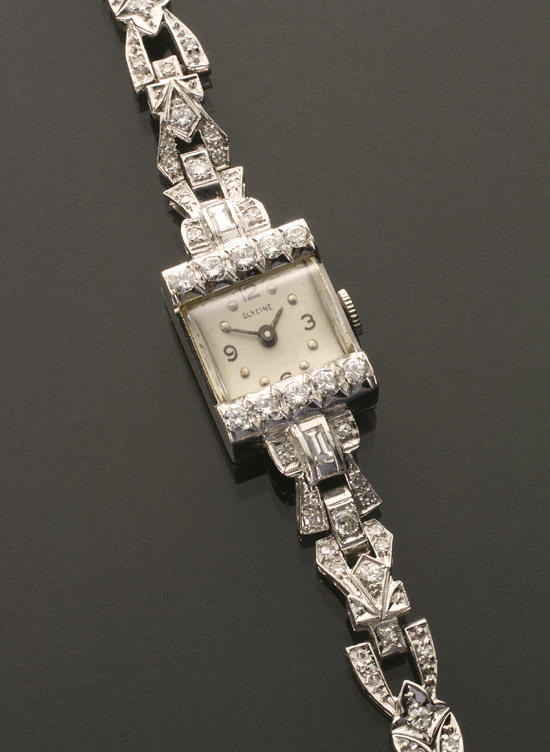 Appraisal: Lady's -Karat White-Gold and Platinum -Jewel Manual-Wind Cocktail Wristwatch Glycine