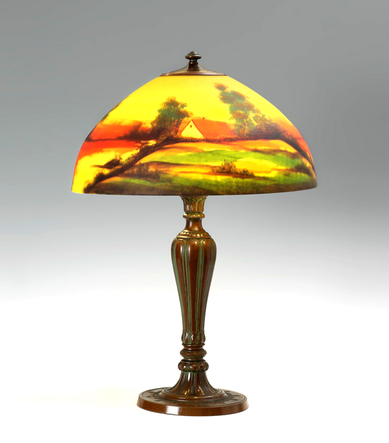 Appraisal: JEFFERSON REVERSE PAINTED SHADE LAMP Unsigned patinated cast bronze base