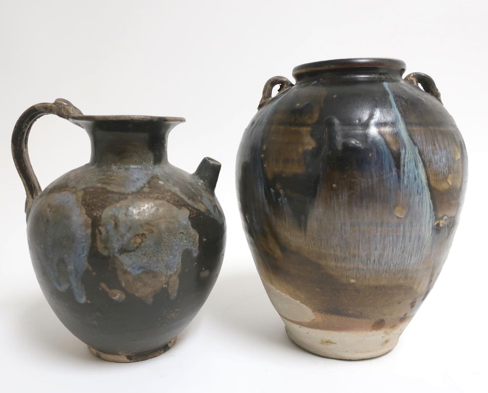 Appraisal: Two Tang Phosphatic Splash-Glazed Vessels One ewer form vessel offered