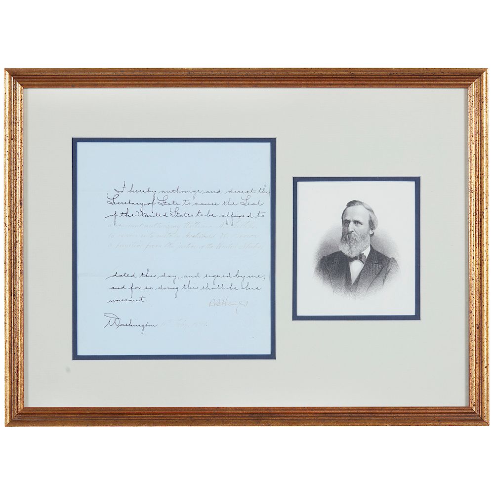 Appraisal: President Rutherford B Hayes Fugitive Warrant Framed document signed by